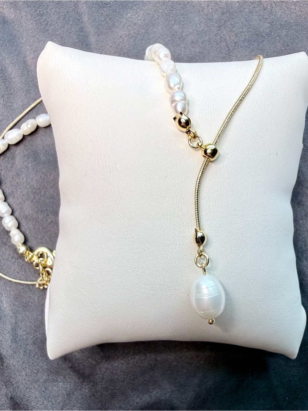 Gold Lariat Asymmetrical Y Necklace Pearls Water Resistant